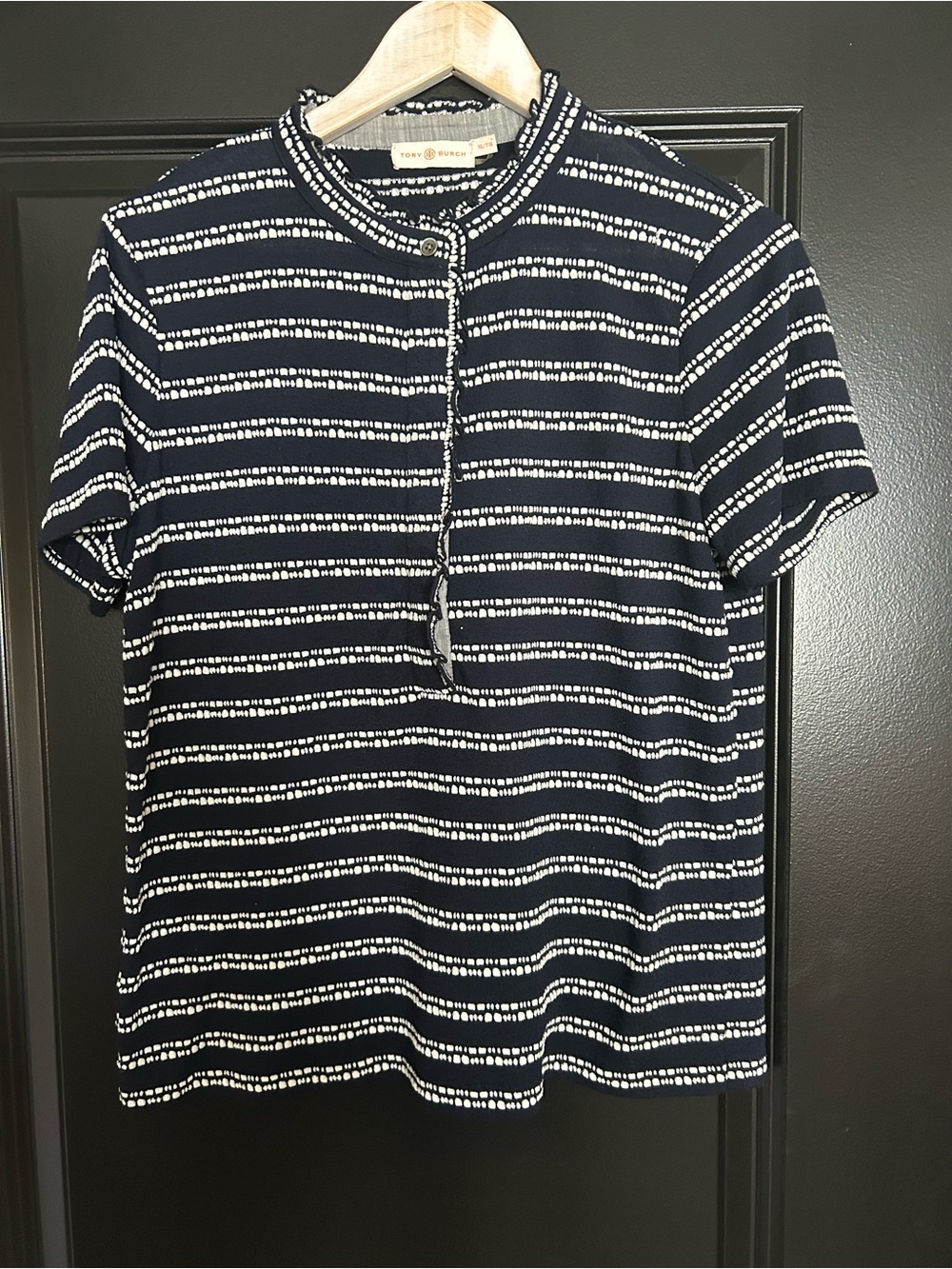 Tory Burch Lidia Navy Dash Stripe Button Polo Top XL